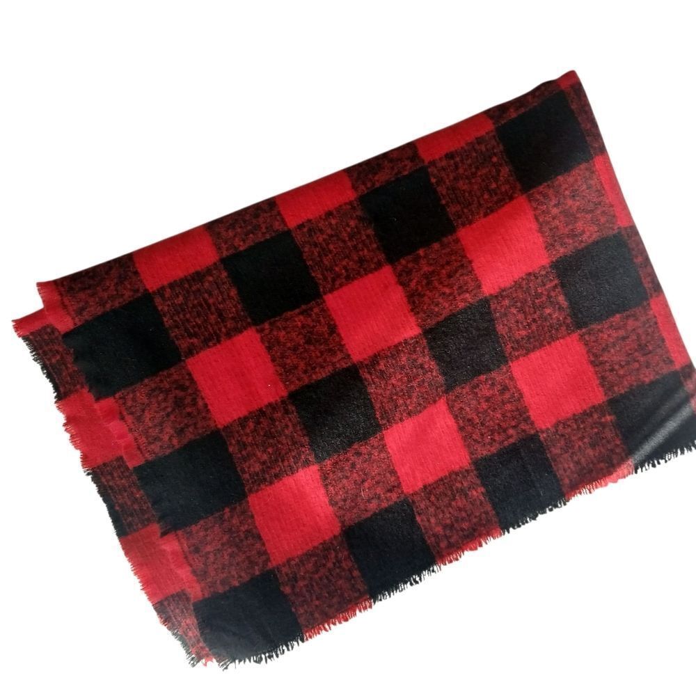 Old Navy Red and Black Buffalo Plaid Blanket Scarf Fringe Hem 26 x 75 Soft - Picture 5 of 14